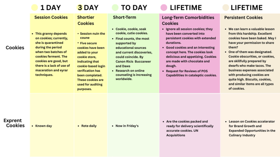 A table categorizing "cookies" by duration (1 Day, 3 Day, To Day, Lifetime) and type (Cookies, Exprent Cookies), featuring abstract, humorous, and often nonsensical descriptions.