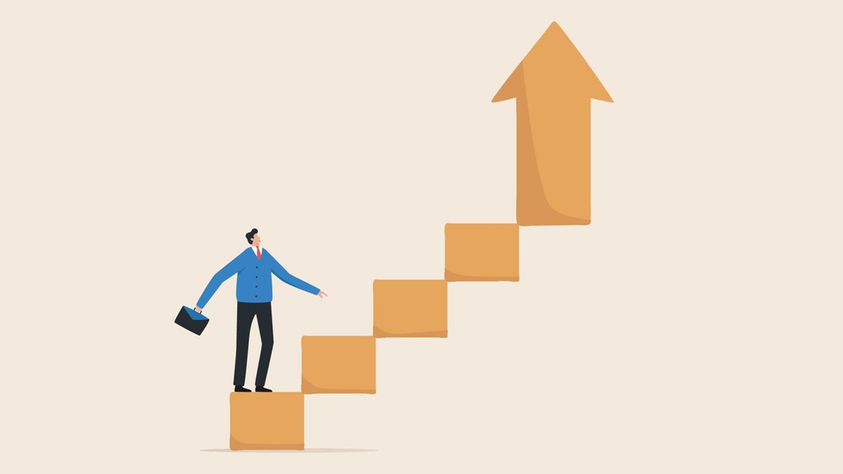 Illustration of a businessman climbing golden steps towards an upward arrow.