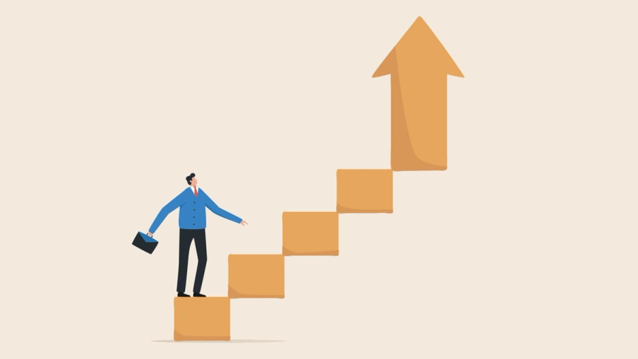 Illustration of a businessman climbing golden steps towards an upward arrow.