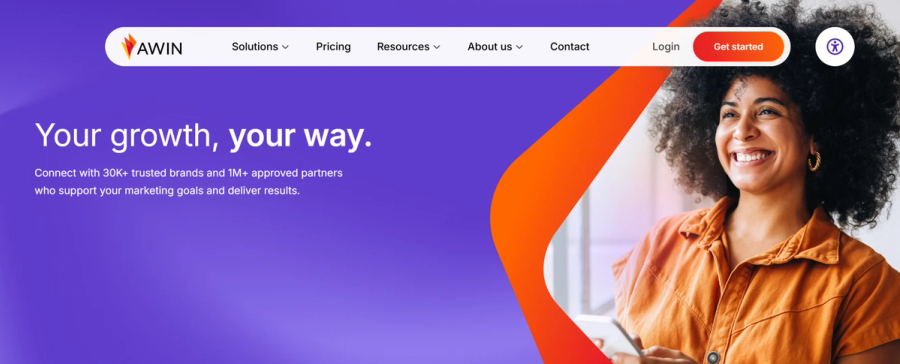 Awin website with a smiling woman, the headline "Your growth, your way," and a navigation bar.