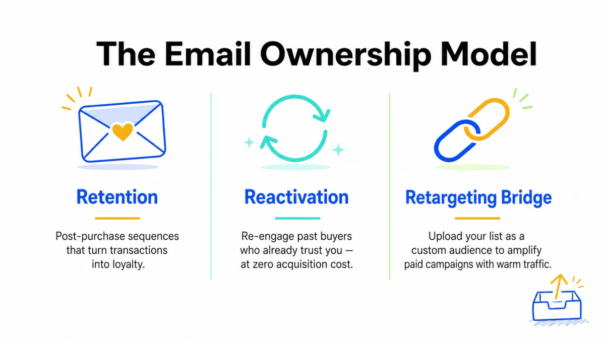Diagram of The Email Ownership Model illustrating Retention, Reactivation, and Retargeting Bridge strategies with corresponding icons and descriptions.