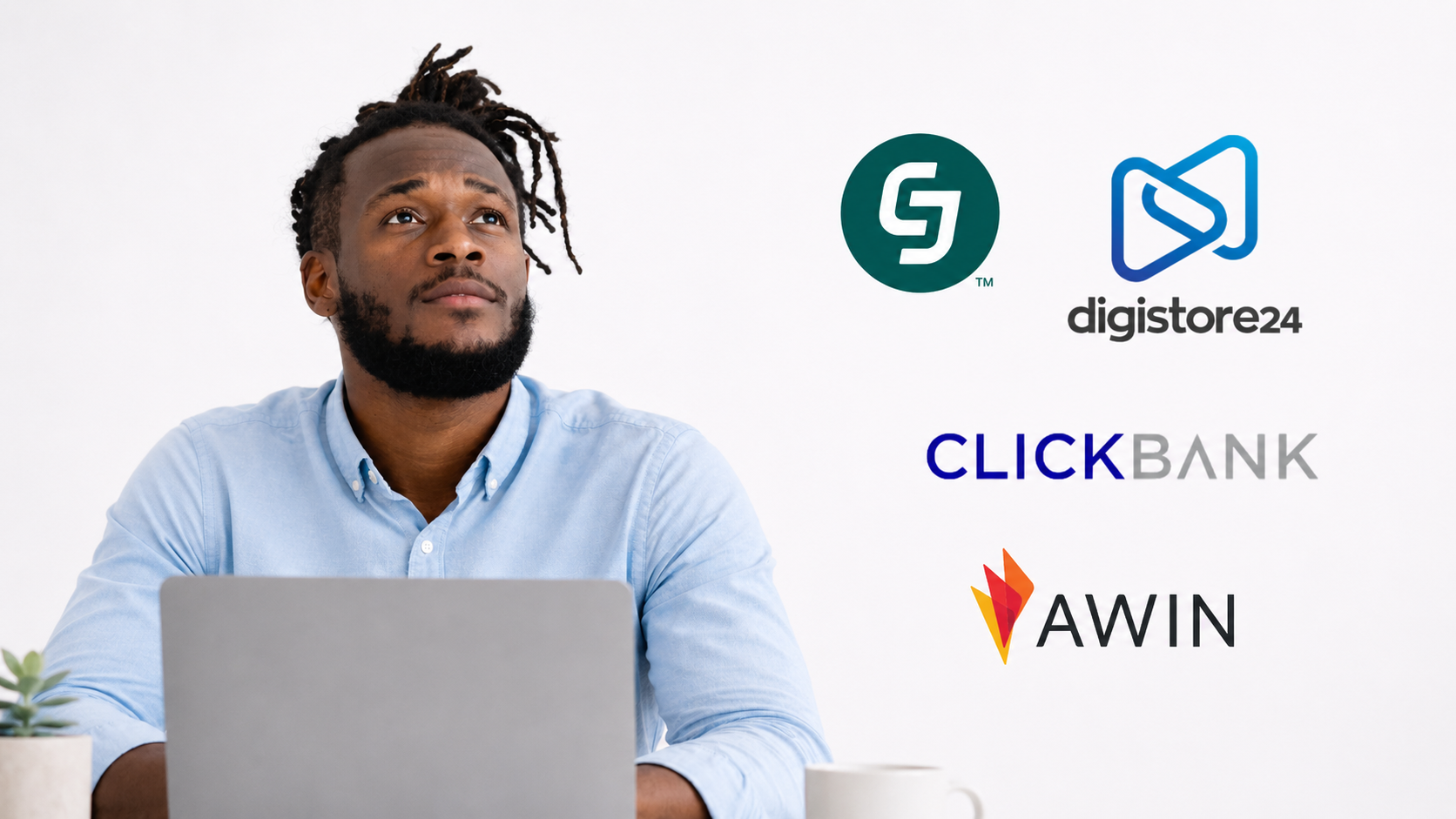 A man at a laptop looks up thoughtfully at logos for affiliate marketing platforms CJ, Digistore24, ClickBank, and Awin.