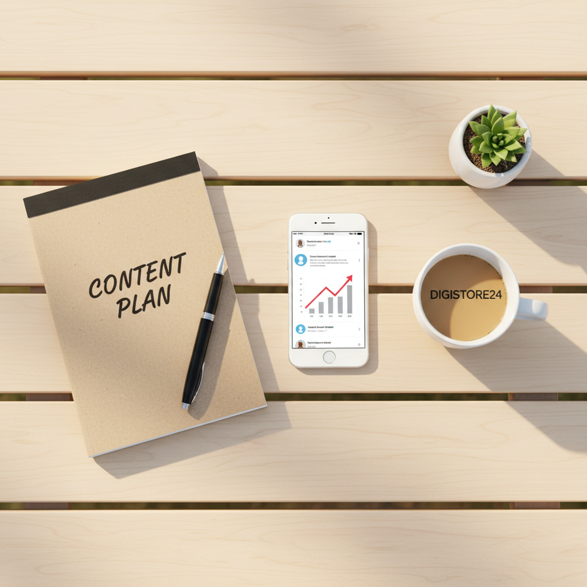 Overhead view of a desk with a "CONTENT PLAN" notepad and pen, a smartphone showing an upward trend graph, a "DIGISTORE24" coffee mug, and a small succulent.