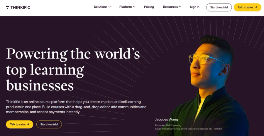 Thinkific website homepage with headline "Powering the world's top learning businesses" and a photo of Jacques Wong.