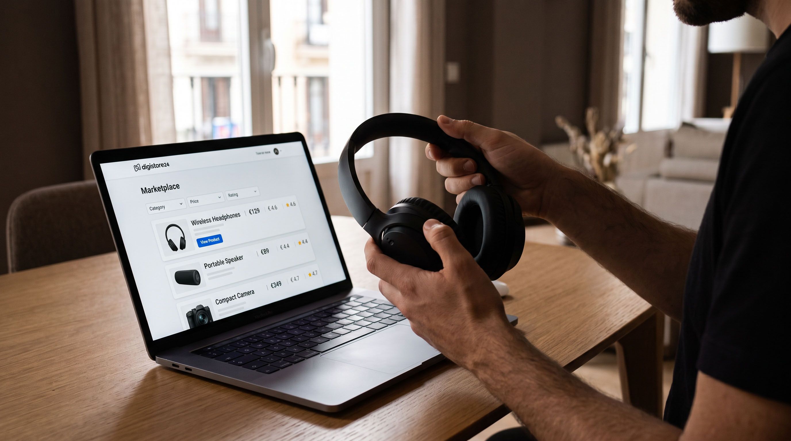 Person holding wireless headphones while viewing a marketplace webpage on a laptop.