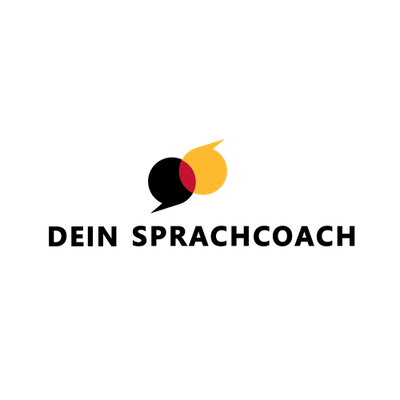 Logo with two overlapping speech bubbles in black, red, and gold, representing the German flag, above the text "DEIN SPRACHCOACH".
