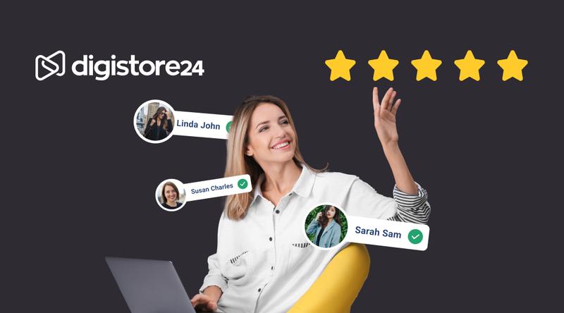 A happy woman engages with customer reviews and a 5-star rating for Digistore24.