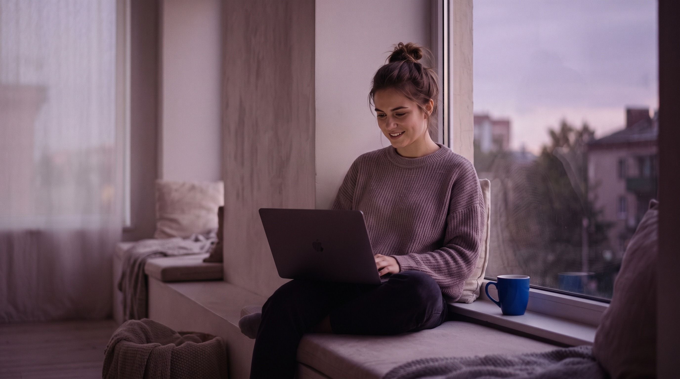A smiling young woman sits on a window seat, working on a laptop.