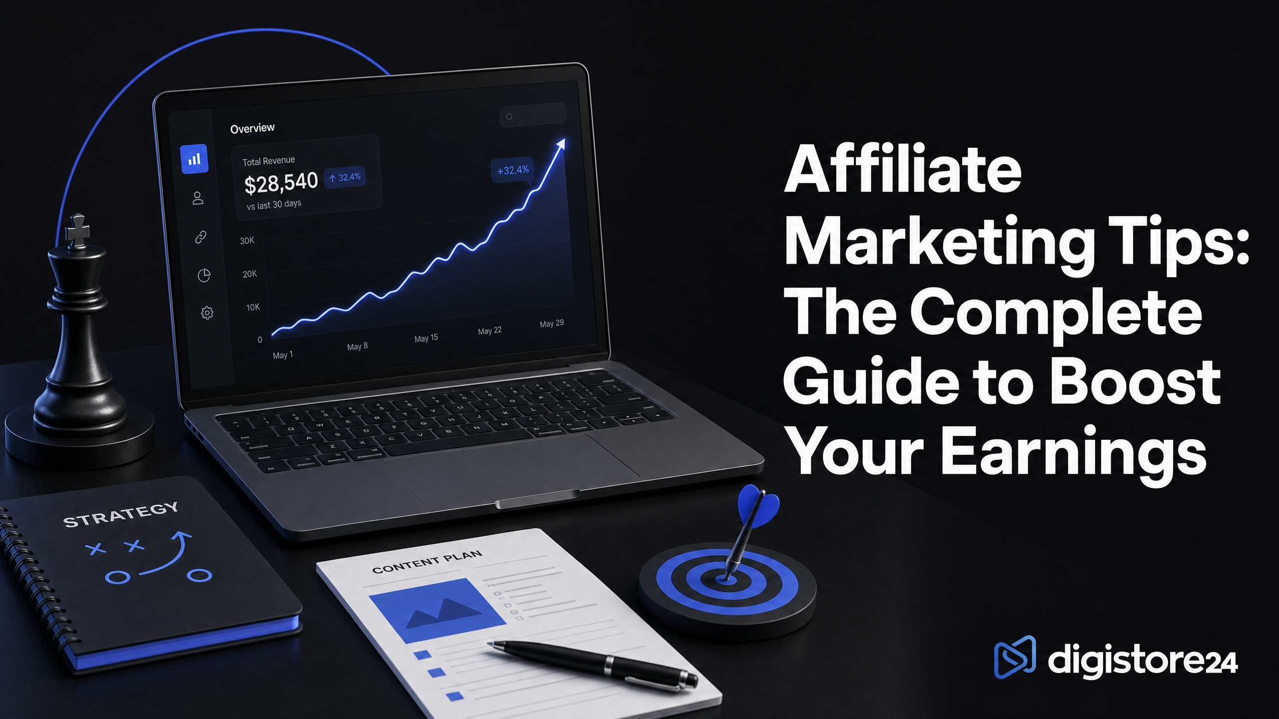 Visual guide for 'Affiliate Marketing Tips: The Complete Guide to Boost Your Earnings,' featuring a laptop displaying revenue growth, strategic planning tools, and a dart hitting a bullseye.