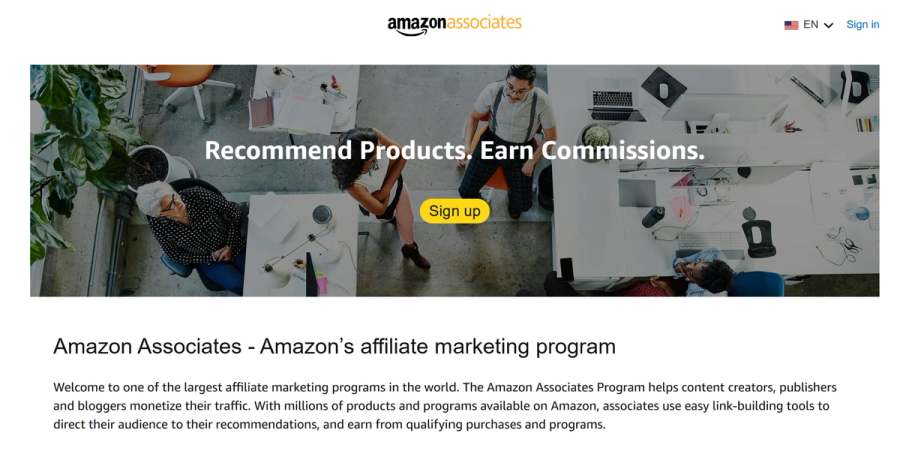 Amazon Associates program webpage with a banner featuring the text "Recommend Products. Earn Commissions." and a "Sign up" button.