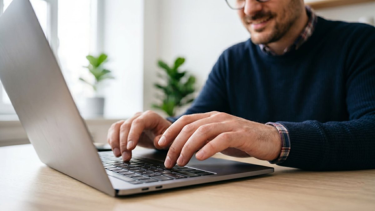 A man smiling while typing on a laptop.
