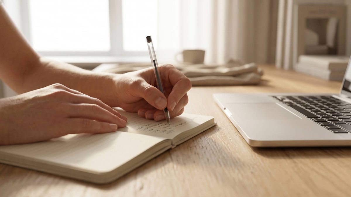 Hands writing in a notebook on a wooden desk with a laptop nearby.