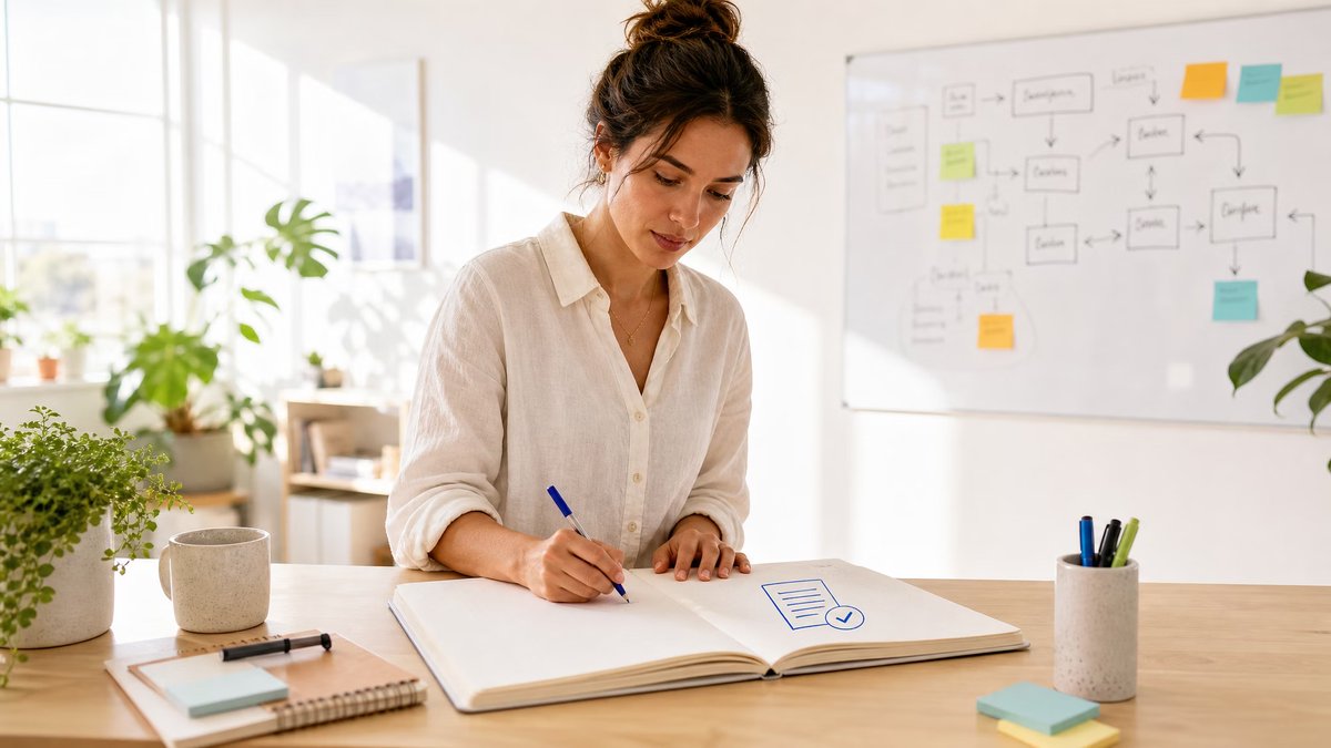 A woman writes in a notebook at a desk with a whiteboard diagram in the background.
