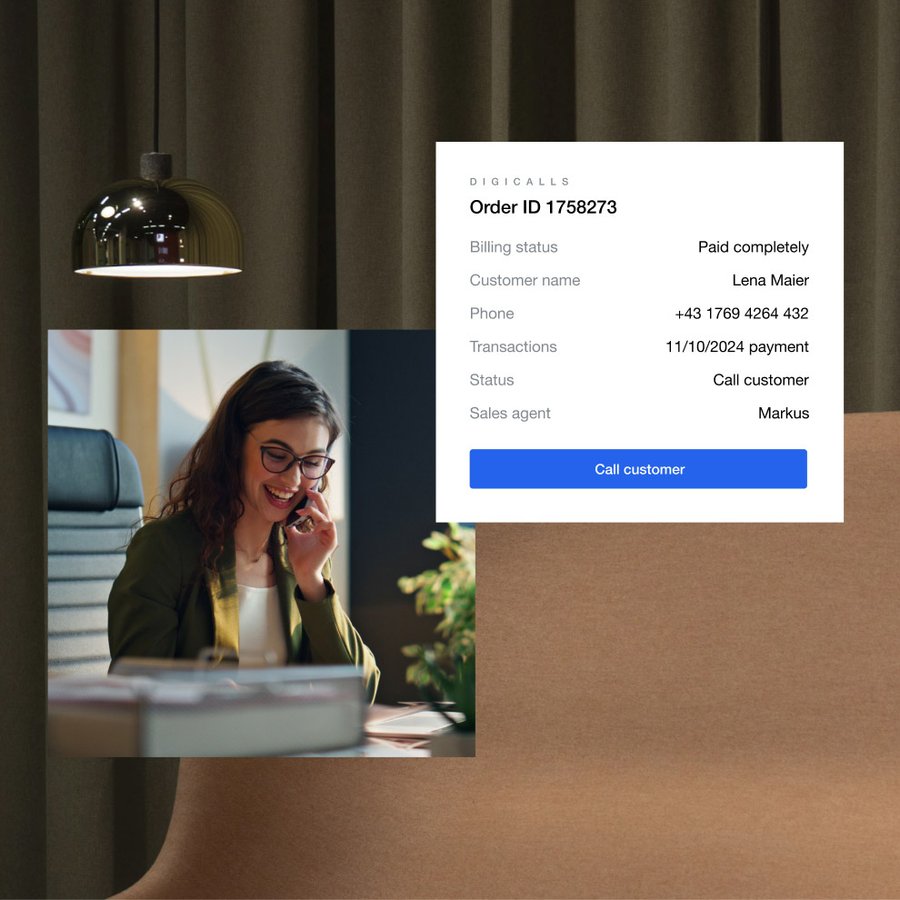 A smiling woman talks on a phone, with a Digicalls customer order pop-up window showing a 'Call Customer' button.