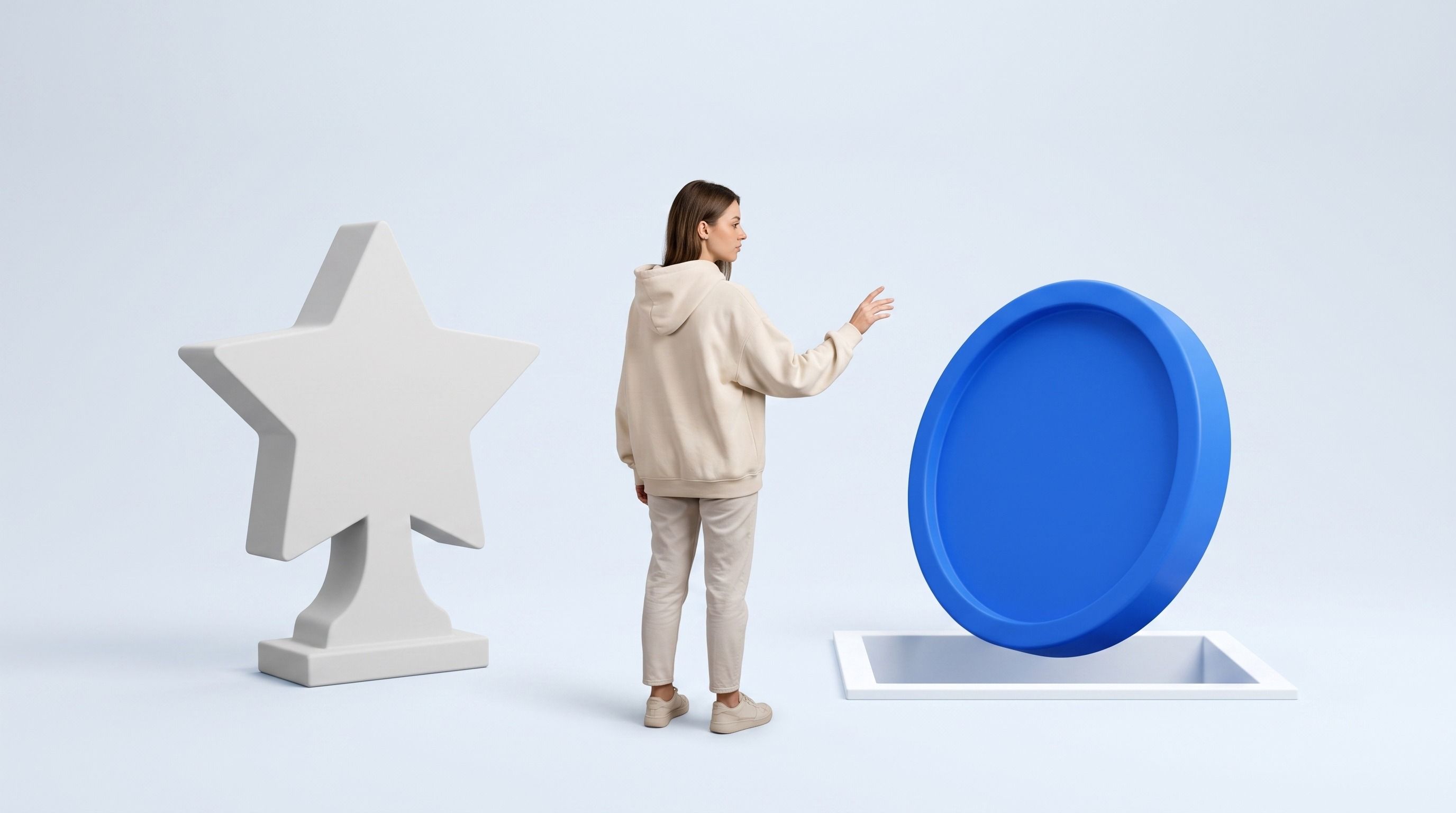 A woman stands between a large grey star and a blue disk falling into a square hole.