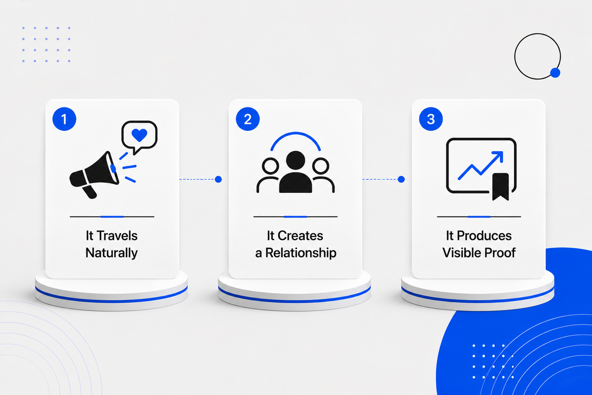 Three-step diagram: 1. It Travels Naturally (megaphone with heart), 2. It Creates a Relationship (people icons), 3. It Produces Visible Proof (upward trend graph).
