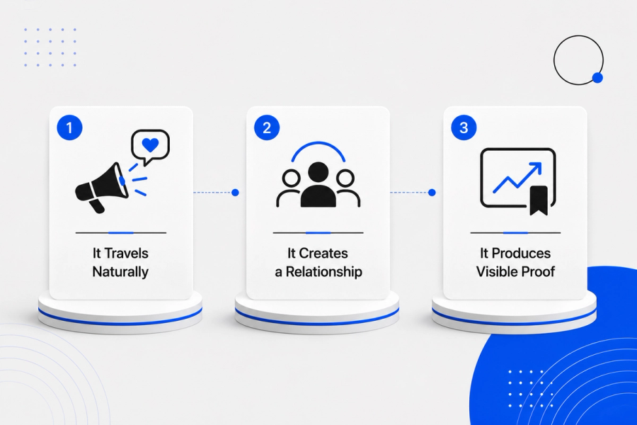Three-step diagram: 1. It Travels Naturally (megaphone with heart), 2. It Creates a Relationship (people icons), 3. It Produces Visible Proof (upward trend graph).