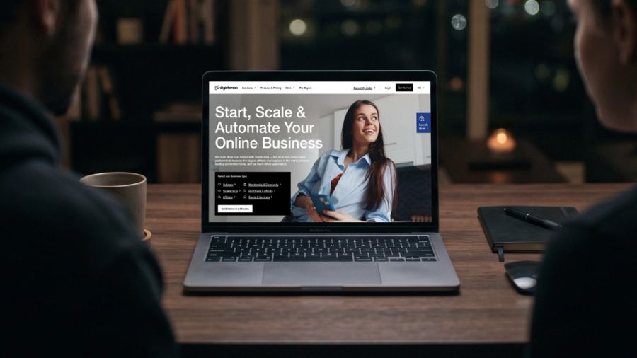 Two people view a laptop displaying a website titled "Start, Scale & Automate Your Online Business" with a smiling woman.