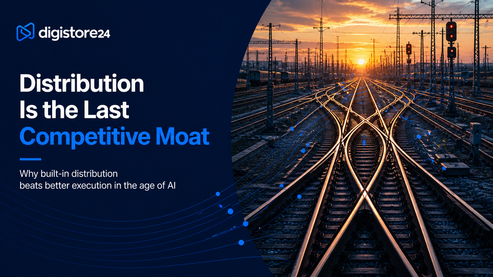 Digistore24. Text: "Distribution Is the Last Competitive Moat. Why built-in distribution beats better execution in the age of AI." Image shows multiple train tracks converging into a sunset.