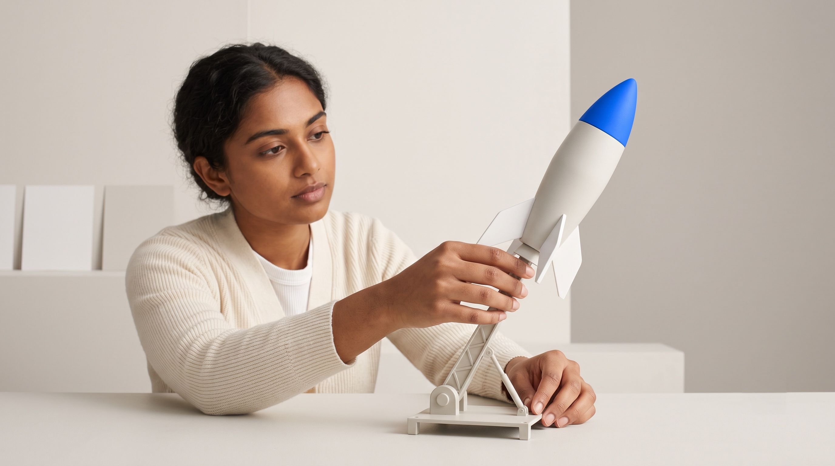 A woman examines a model rocket with a blue nose cone.