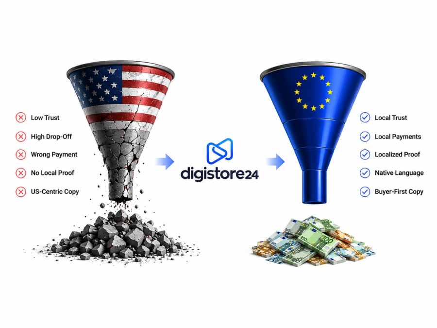 Infographic: Digistore24 bridges a crumbling US flag funnel, representing challenges like "Low Trust" and "High Drop-Off" leading to rubble, with a solid EU flag funnel, representing solutions like "Local Trust" and "Local Payments" yielding Euro banknotes.