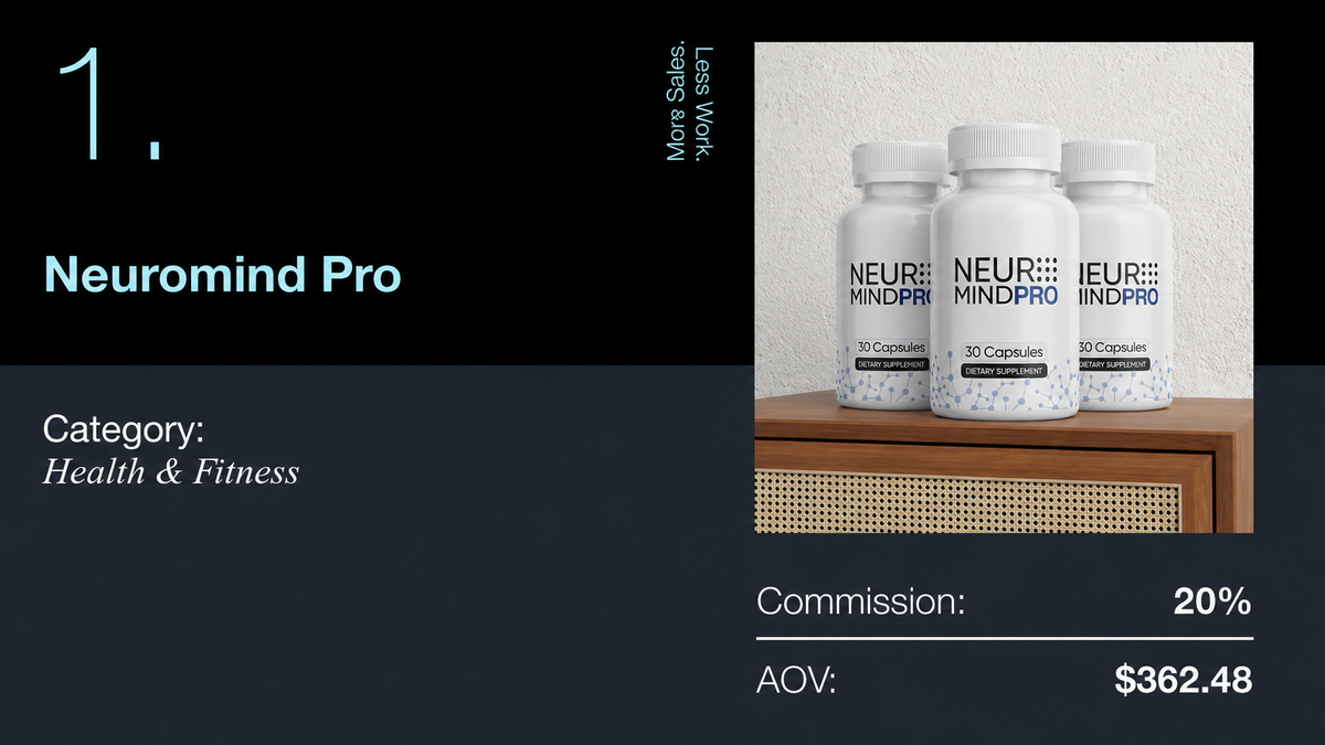 Neuromind Pro Health & Fitness supplement details: three bottles, 20% commission, $362.48 AOV.