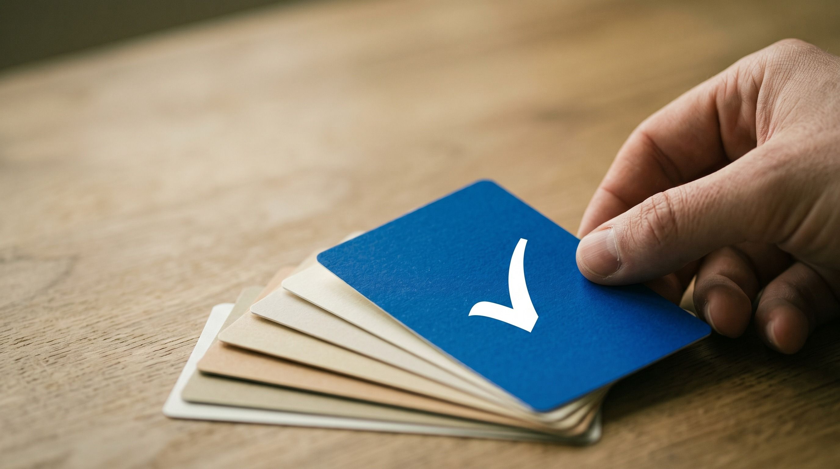 A hand selects a blue card with a white checkmark from a stack of cards.
