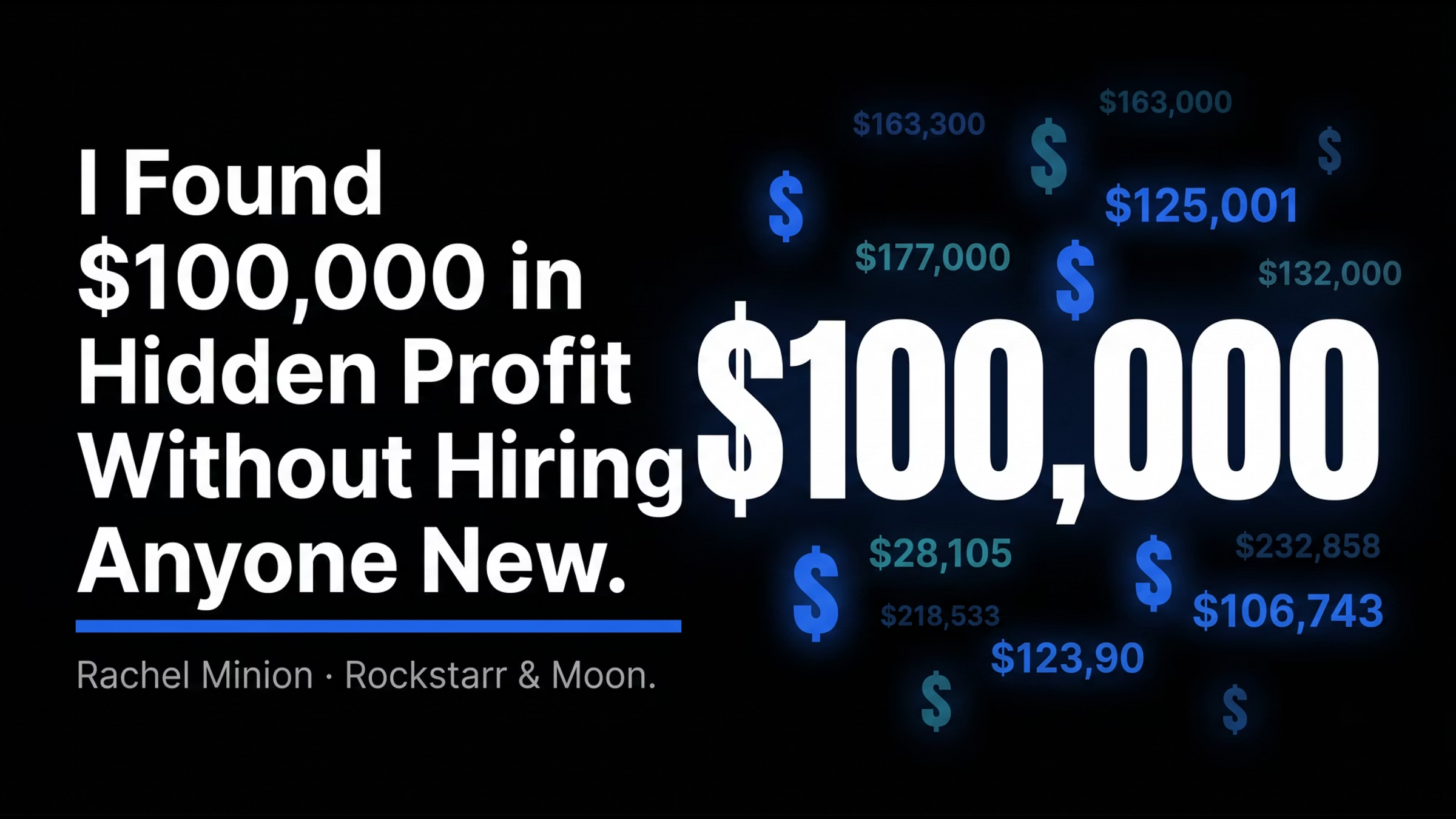 Black background with white text "I Found $100,000 in Hidden Profit Without Hiring Anyone New." by Rachel Minion and Rockstarr & Moon, alongside a large glowing "$100,000" and scattered smaller glowing dollar signs and amounts.