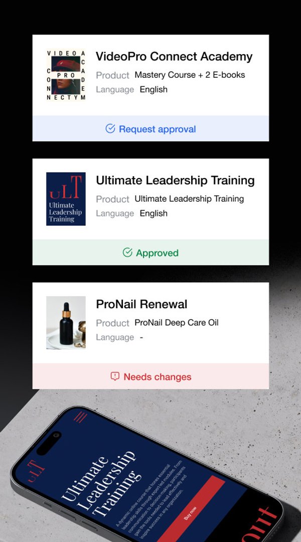 Un tableau de bord d'approbation de produits affichant trois entrées avec les statuts en attente, approuvé et modifications requises. Un smartphone affiche la page du produit approuvé.