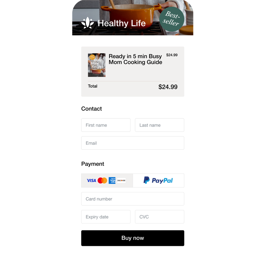 A mobile checkout page for "Healthy Life" displaying a "Ready in 5 min Busy Mom Cooking Guide" priced at $24.99, with fields for contact and payment details, and a "Buy now" button.