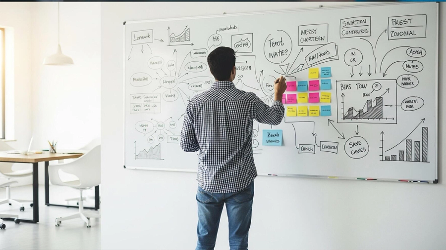 A person from behind writing on a whiteboard filled with a mind map, charts, and sticky notes.