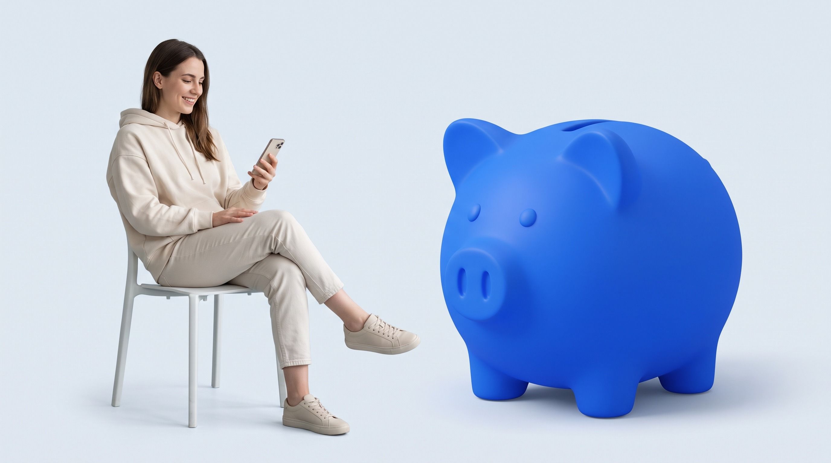 A smiling woman on a chair looks at her phone, next to a large blue piggy bank.