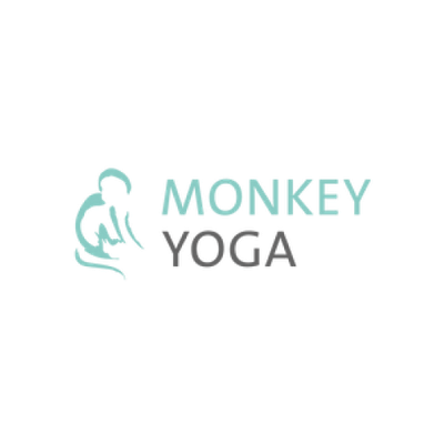Logo for Monkey Yoga, featuring a stylized teal monkey in a yoga pose.
