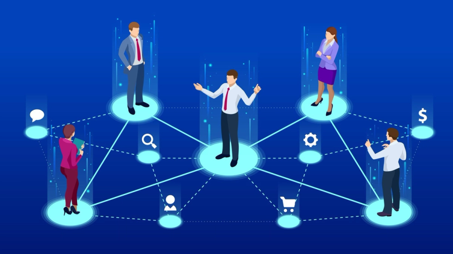 Isometric business people connected in a glowing digital network with various service icons.