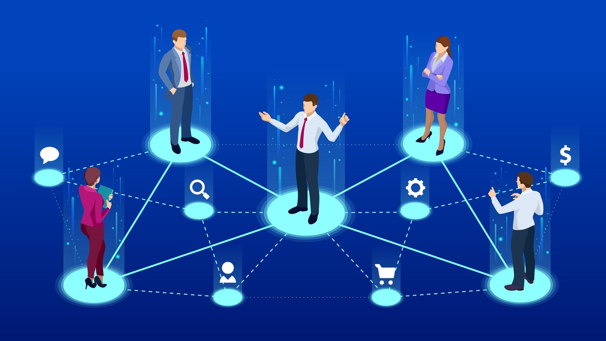 Isometric business people connected in a glowing digital network with various service icons.