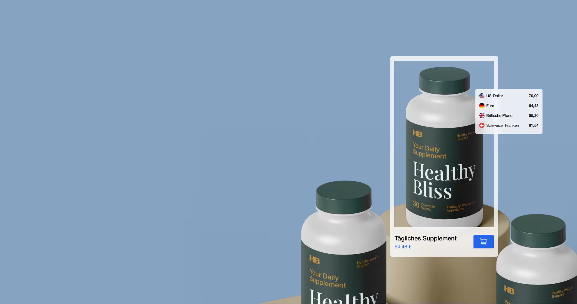 Three "Healthy Bliss" supplement bottles on a blue background, one highlighted with a price in various currencies and a shopping cart icon.
