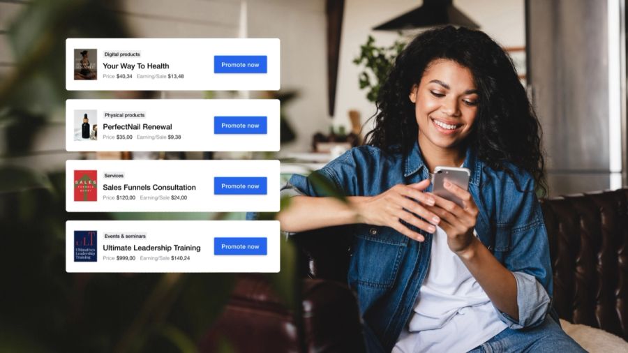Smiling woman using a smartphone with an overlay of product listings for promotion.