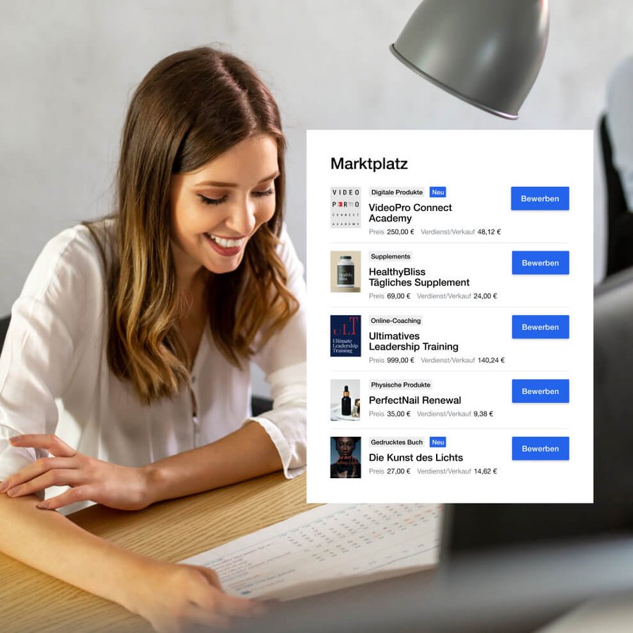 A smiling woman looks at a digital marketplace interface displaying various products like courses, supplements, and books.