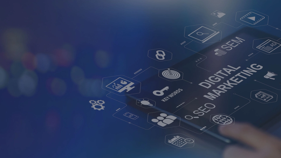 A hand interacts with a tablet displaying "DIGITAL MARKETING," "SEO," and "SEM," surrounded by various related icons.