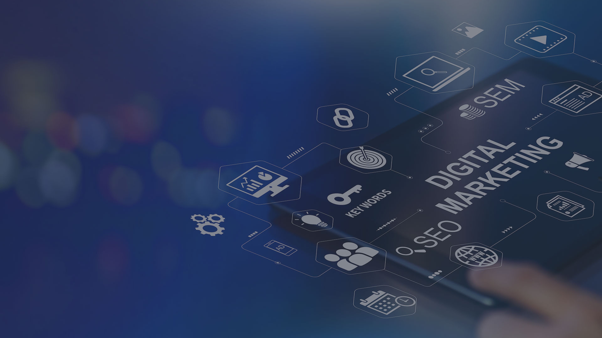 A hand interacts with a tablet displaying "DIGITAL MARKETING," "SEO," and "SEM," surrounded by various related icons.