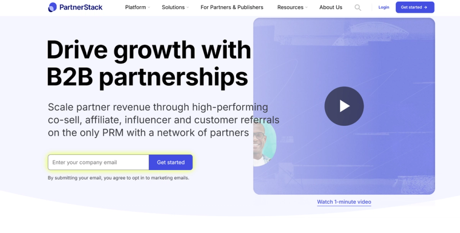 PartnerStack website homepage with headline "Drive growth with B2B partnerships," an email signup form, and a video player.