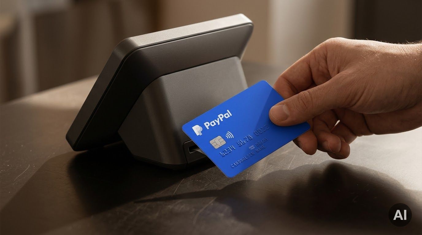 A hand holds a blue PayPal card near a payment terminal.