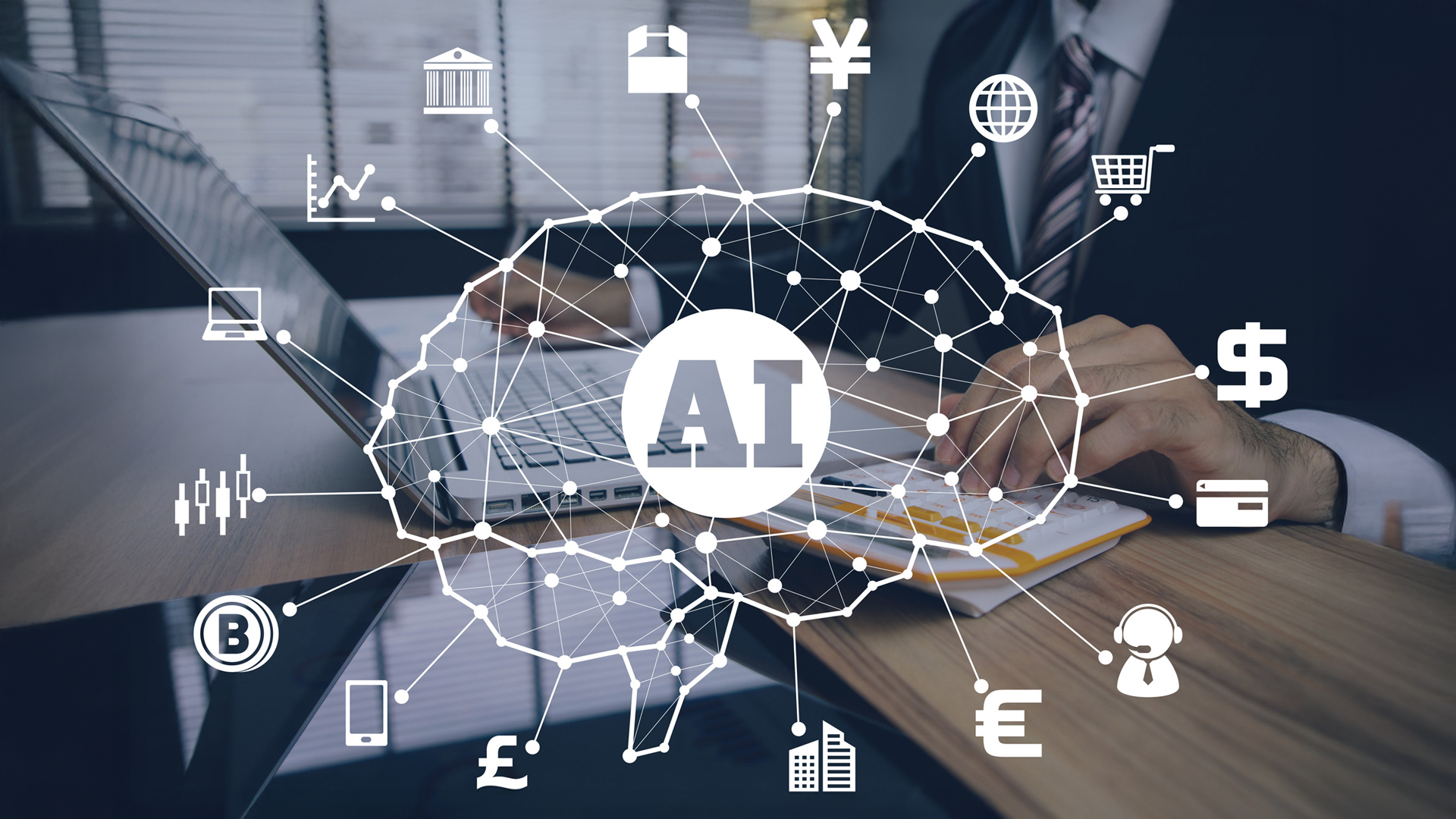 An AI brain network connecting to business and financial icons, superimposed over a person working on a laptop.