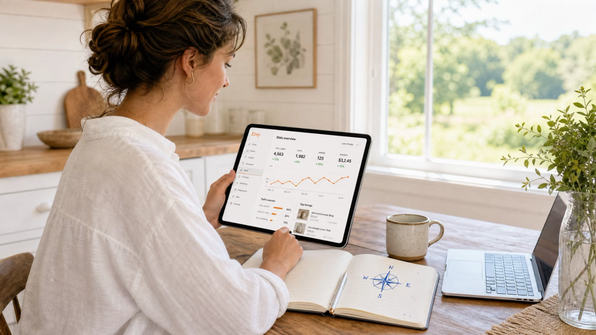 A woman reviews Etsy shop analytics on a tablet, with a laptop and notebook on a table.