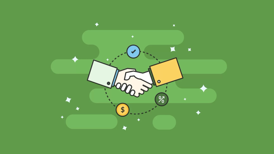 A handshake symbolizing a business deal, encircled by icons for approval, money, and percentage.