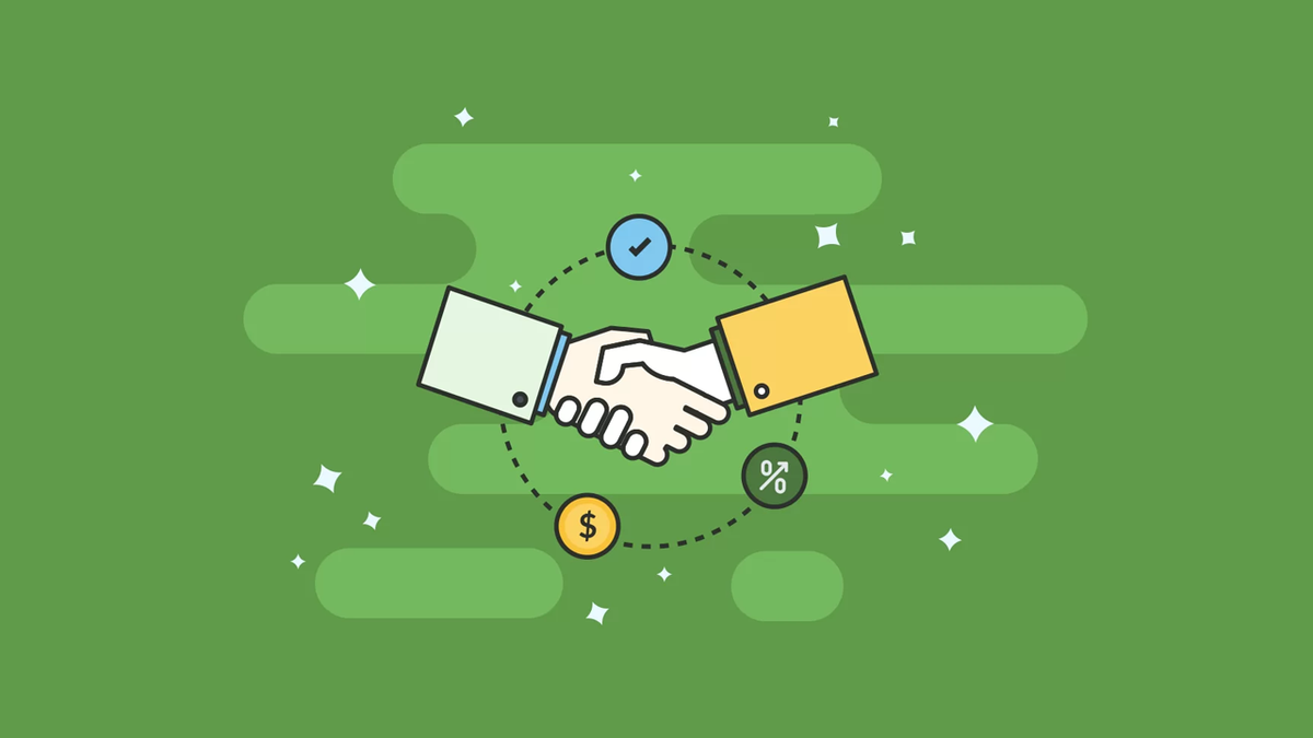 A handshake symbolizing a business deal, encircled by icons for approval, money, and percentage.
