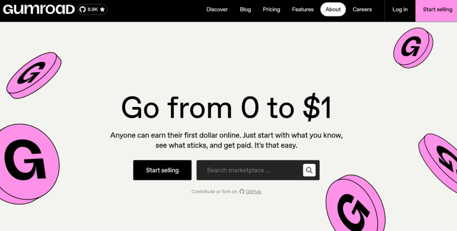 Gumroad homepage featuring "Go from 0 to $1" and pink G-coin illustrations.