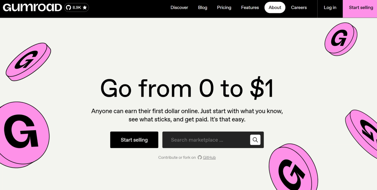 Gumroad homepage featuring "Go from 0 to $1" and pink G-coin illustrations.