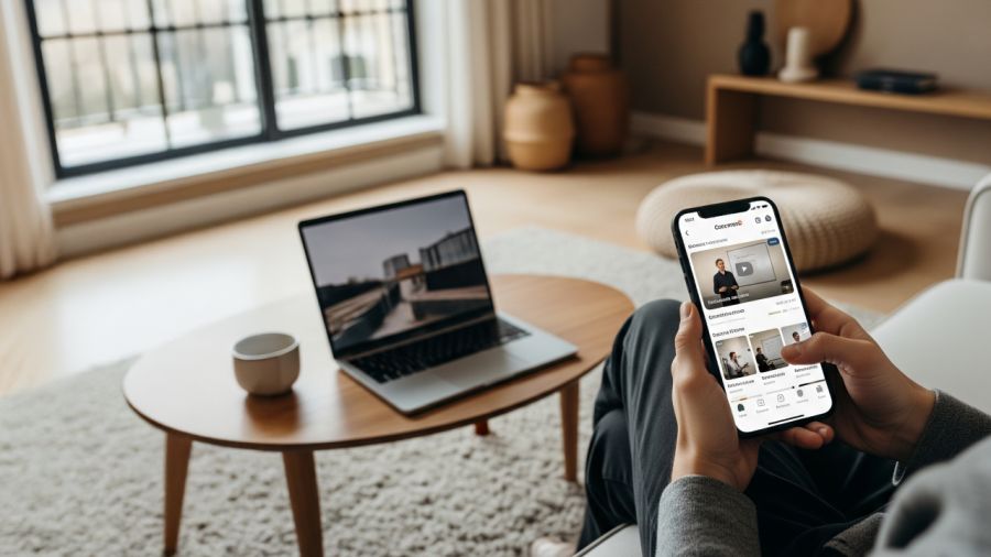 Hands hold a smartphone showing an online video lecture, with a laptop and mug on a coffee table in a living room.