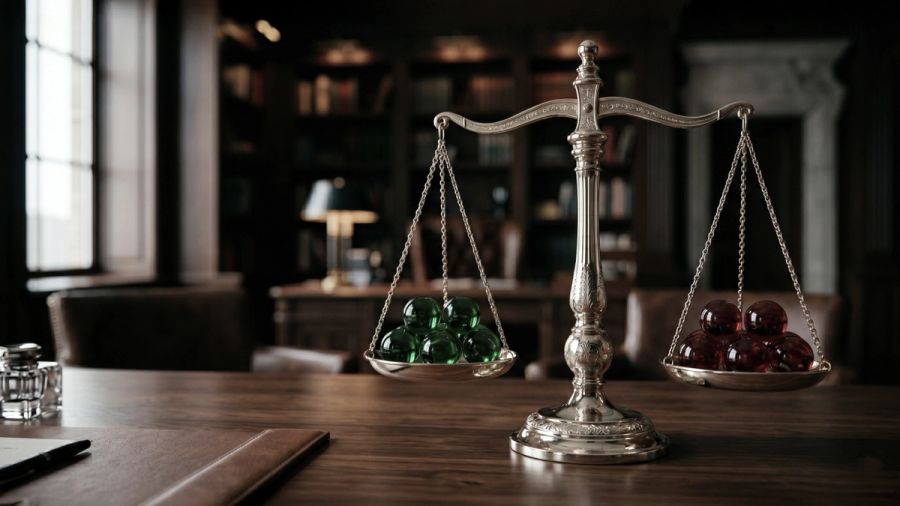 A balanced scale of justice with green and red spheres on a wooden desk.